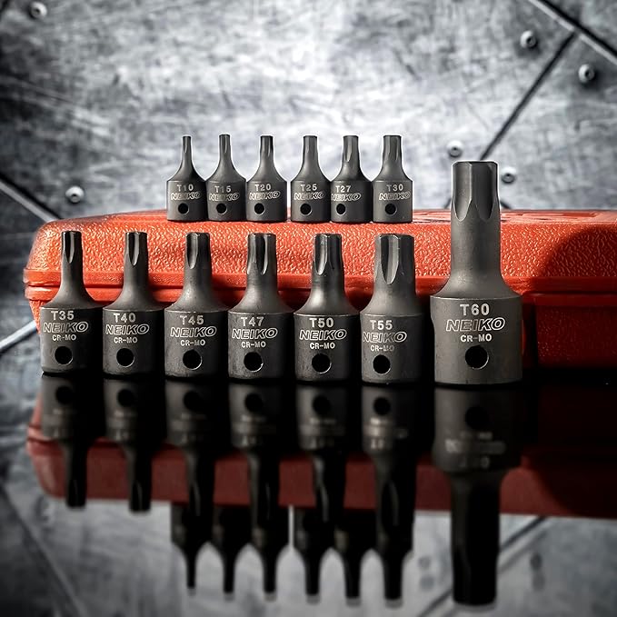 NEIKO 10282B 13 Piece Security Torx Socket Bit Set, 6 Point Heavy Duty Tamperproof Impact Grade Star Bit Set Torx, Safety Torx Bit Set, Tamper Proof Torx Bit Set, Torx Tool Set, Torx Socket Set
