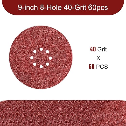 9 inch Sanding Discs 40 Grit 8 Holes Hook and Loop Sandpaper for Drywall Sander 60Pack