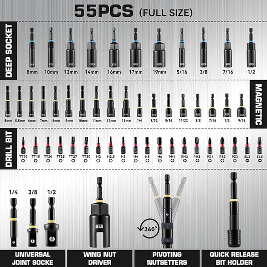 Magnetic Impact Nut Driver Set, Metric & SAE Driver Bit Set with Socket Adapters, Bit Holder, Wing Nut Driver, Universal Sockets, Quick Release Extension, Power Bits