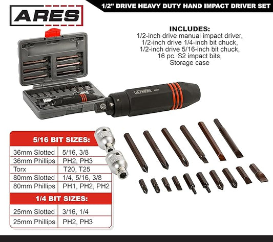 ARES 10027 ??1/2-Inch Drive Heavy Duty Hex Grip Impact Driver ??1/4-Inch & 5/16-Inch Bit Chucks ??S2 Bits ??Slotted 3/16, 1/4, 5/16, 3/8 Inch Bits ??Phillips PH1, PH2, & PH3 Bits - T20, T25 Bits
