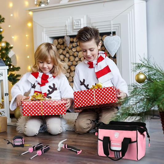 WORKPRO 9-Piece Kids Real Hand Tool Set, Pink Junior Tool Kit with Storage Bag for Boys, Girls, Children DIY Building and Woodworking, Age 8+