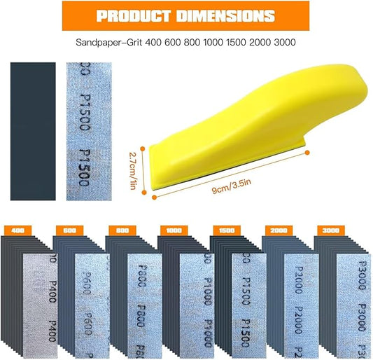 Micro Detail Sander Paper Kit WITH 70xWet Dry Sandpaper-Grit 400 600 800 1000 1500 2000 3000,3.5?쓝 1?쒱and Sanding Block with Hook and Loop Sanding Strips for Wood Metal Glass Surface