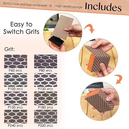 S&X Sanding Sponge Set 20-Pack of Hook and Loop Sandpaper Interchangeable 8 Assorted Grits - Wet and Dry, Anti-Clogging, Durable (20)