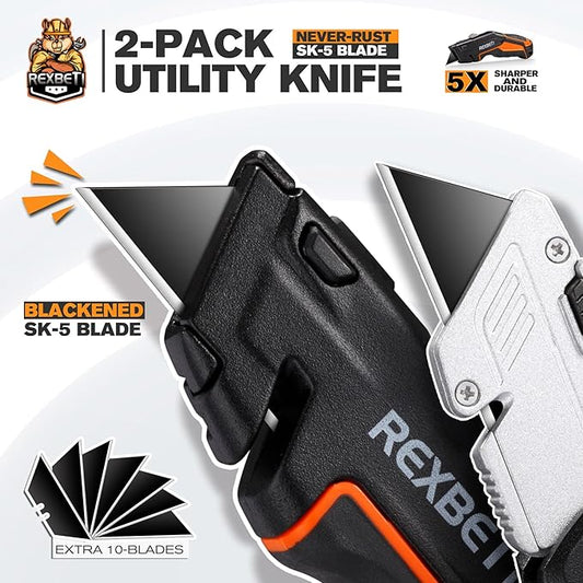 REXBETI 2-Pack Utility Knife, SK5 Heavy Duty Retractable Box Cutter for Cartons, Cardboard and Boxes, Blade Storage Design, Extra 10 Blades Included(Total 18 Blades)