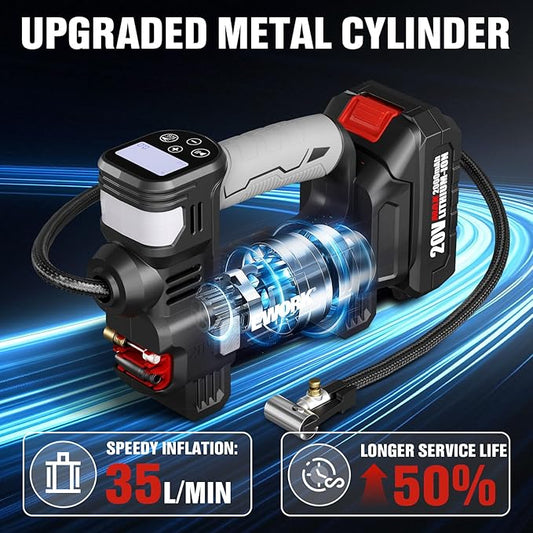 EWORK 20V Tire Inflator Portable Air Compressor, Cordless Car Tire Pump with 2.0Ah Battery, 150 PSI, Inflates in 3 Mins, +/-0.5 PSI Accuracy, Auto-Stop & Rubber Grip for Car, Motorcycle, Bike