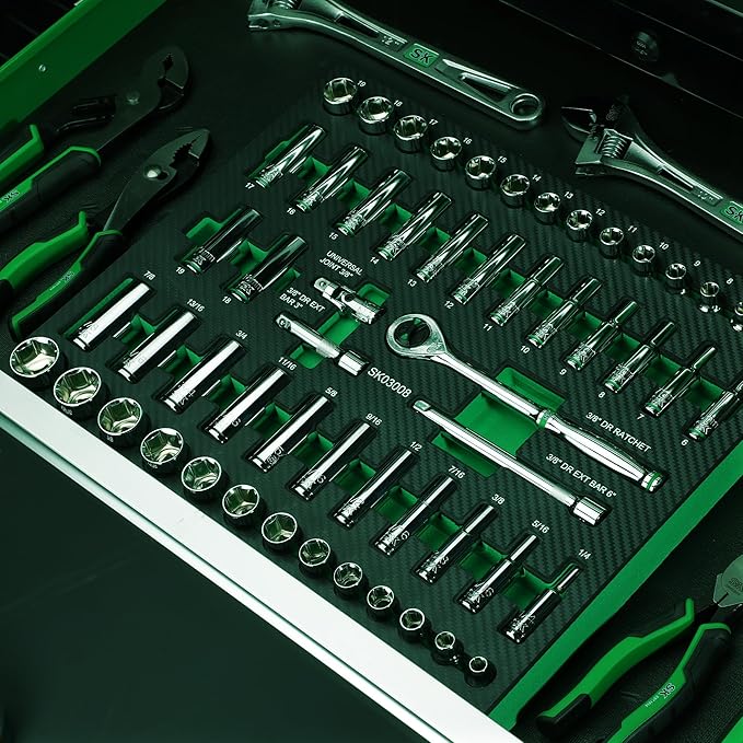 SK 3/8" Drive Socket Set with 160-P Ratchet, 56-Piece, SAE & Metric, SuperKrome Finish, Premium CR-V Construction, with EVA Foam Tool Organizer