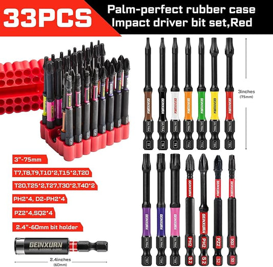 Impact Screwdriver Bits Set, 33 Pieces 3?쒶ulti Head Magnetic S2 Steel Driver Bits PH/SQ/Torx/Pozi With Red Soft Base