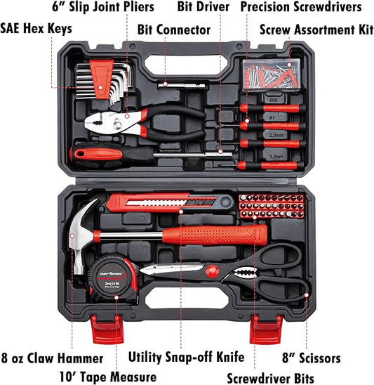CARTMAN 126-Piece Home Tool Set Kit, Basic Household Hand Tools with Storage Case Red