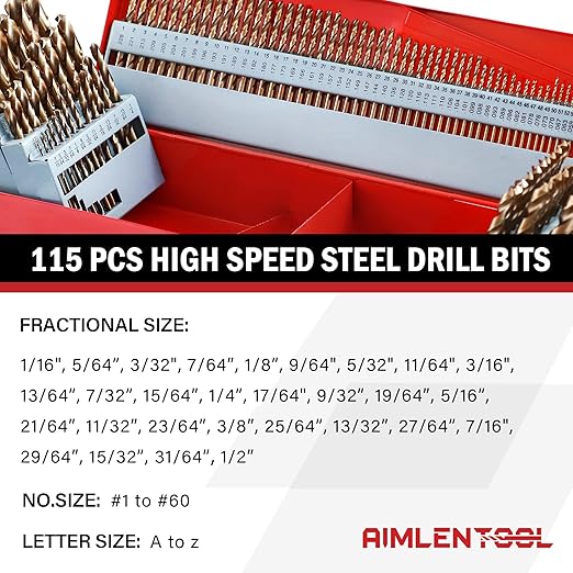 115Pcs Cobalt Drill Bits Set, M35 HSS 135째 Tip, Twist Jobber Length Drill Bit Kit for Hardened Metal, Stainless Steel, Cast Iron, Plastic and Wood with Indexed Storage Case, 1/16"-1/2"