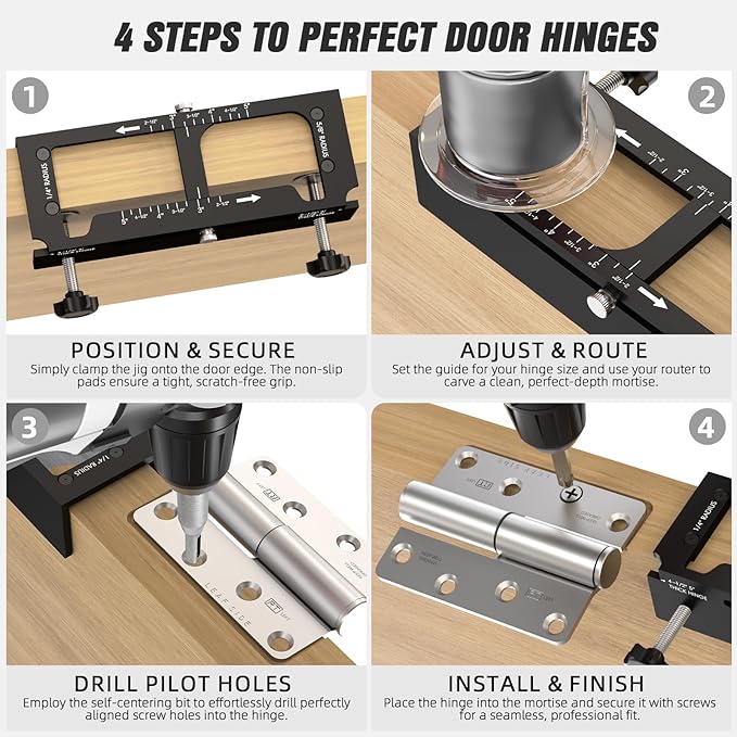 Door Hinge Jig, Pro Aluminum Alloy Router Template, Adjustable Mortising Jig for 2.5" to 5" Hinges, Compatible with 1/4" & 5/8" Radius and Square Corner Hinges