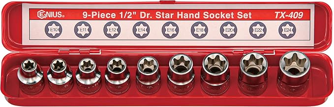 Genius Tools 9 Piece 1/2" Dr. Star Hand Socket Set TX-409