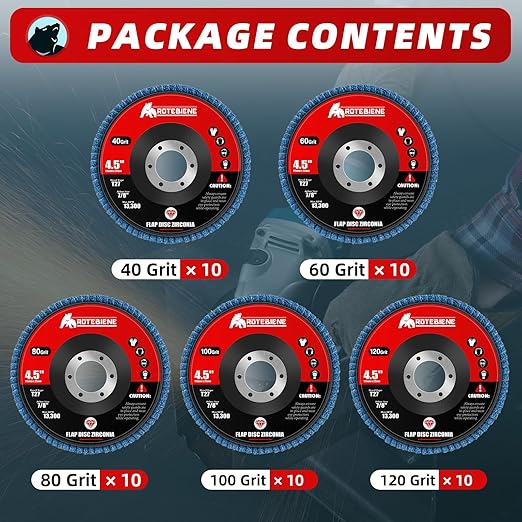 50 Pack Zirconia Flap Discs 4.5" x 7/8" T27 for 4 1/2 Inch Angle Grinder 40/60/80/100/120 Grit Multi-Grit Flap Wheels Heavy-Duty Grinding & Sanding Discs for Metal, Wood, Stainless Steel