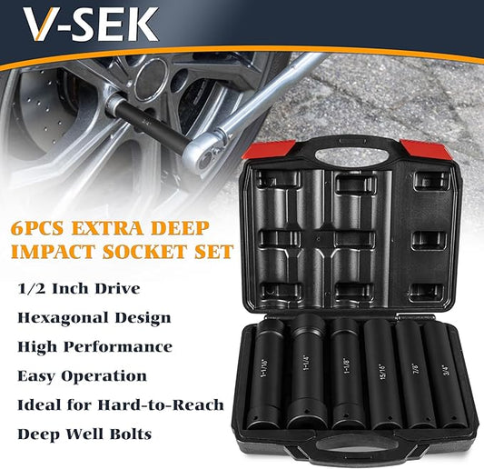 6.75 Inch Long Extended Length Impact Socket Set 1/2 Inch Drive Extra Deep Sockets Heavy Duty Steel With Hex Sizes 3/4" 7/8" 15/16" 1-1/16" 1-1/8" 1-1/4" for High Torque Use 6PCS