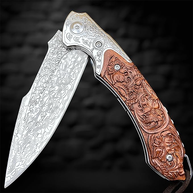 TACTICAL GEARZ Damascus Steel Pocket Knife, Custom Carved Rosewood Handle, Includes Custom Leather Sheath (Kahuna XT)