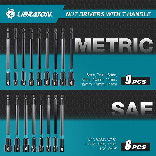 LIBRATON 27PCS Magnetic Nut Driver Set with Ratcheting T Handle, Nut Driver Set for Impact Drill, Metric & SAE Long Socket Set, Drill Bits, Socket Adapters, Wing Nut Driver, Quick-release Bit Holder