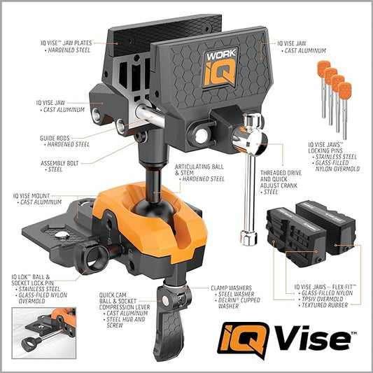 IQ Vise | 360° Articulating Bench Vise Made From Steel & Cast Aluminum w/ 8-Position Locking Ball & Socket | Woodworking Vise Handles Up To 130ft-lbs of Torque | Pipe Vise With Double Sided Jaws