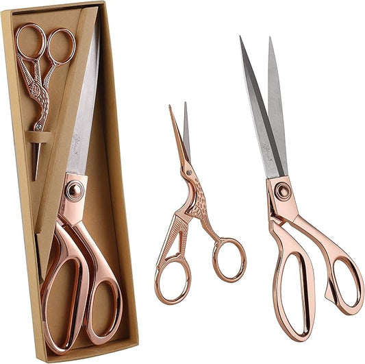 eZthings짰 10" + 4.5" Sewing Shears + Embroidery Stork Scissors Titanium Stainless Steel Ultra Sharp Tailor Dressmaker's Set for Cutting Fabric, Canvas, Denim (10 Inch + 4.5" Set Rose Gold)