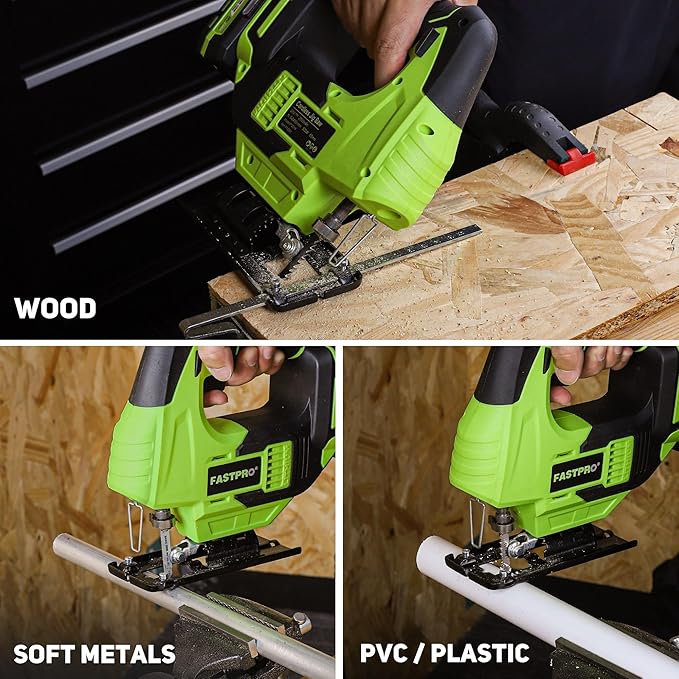 FASTPRO 20V Cordless Jig Saw Kit, Electric Jigsaw with 10pcs Blades & Laser Guide, Included 2.0 Ah Battery, Charger and Edge Guide