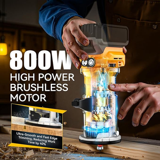 Cordless Compact Router Compatible with DeWalt 20V Battery, With 15Pcs Router Bits 6 Variable Speeds for Woodworking, 800W Fixed Base Wood Router With Trim Bits, Edge & Roller Guide