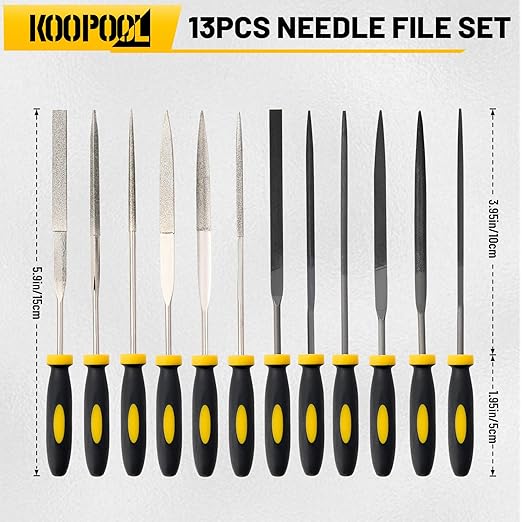 Needle Files Set, 13PCS with 6 Diamond File & 6 Steel Files, Cleaning Brush & Tool Bag for Jewlers Wood Metal Work DIY