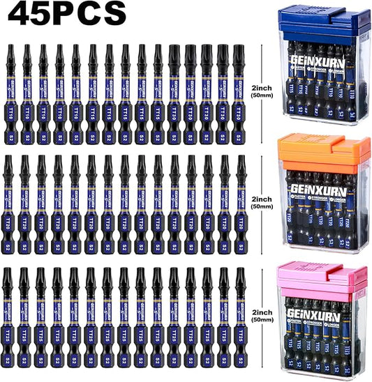 Impact Security Torx Screwdriver Bits Set,45 Pcs 2" Magnetic (TT10/TT15/TT20/TT25/TT30) S2 Steel Multi Hollow Star Driver Bits with Colorful Box