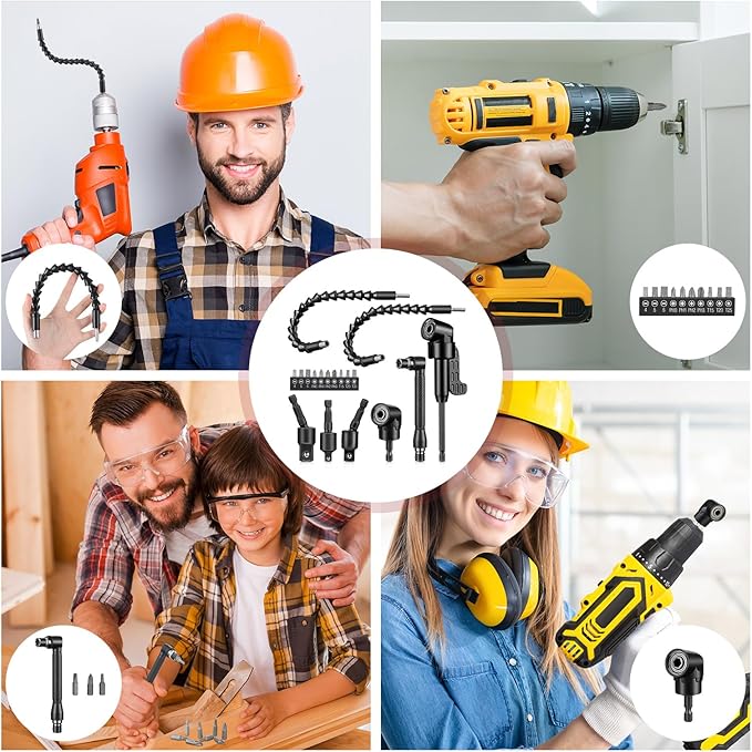 Therwen 18 Pcs Flexible Drill Bit Extension Set 105째 Right Angle Drill Bit Attachment 1/4, 3/8, 1/2 Inch Hex Adapter Socket Socket Wrench Bendable Magnetic Extender Screwdriver Electric Manual Tool