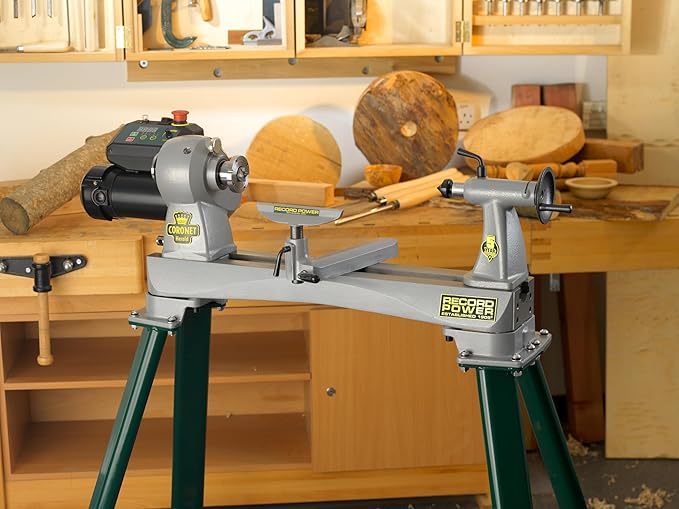 Record Power Coronet Herald Wood Lathe ??Professional Benchtop Lathe with Swivel Head, 1 HP Motor, Variable Speed 95??890 RPM, 1-1/4" Spindle Thread, Compact Design with Heavy-Duty Build