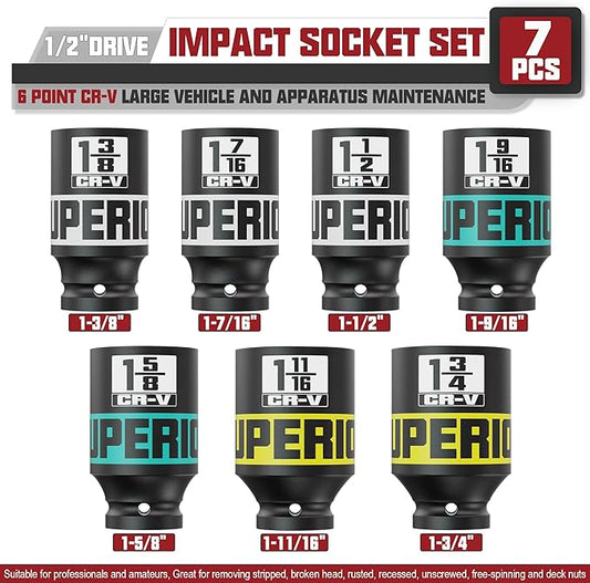 7pcs 1/2" Drive Impact Socket Set, SAE Axle Nut Sockets,1-3/8" to 1-3/4" Thicker Jumbo Sockets, Socket Set, 6 Point, Cr-V, for Mechanics, Durable Professional Tool Kit