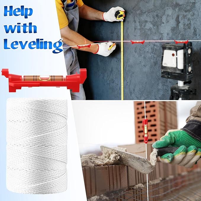 2 Pack #18 500 ft Mason Line String & 10 Pack Built-in Levels, String Level Line Kit for DIY, Gardening Work, Construction Twine Outdoor Projects Layout Brick Working (Fluorescent White)
