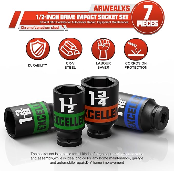 7 Pieces 1/2-Inch Drive Impact Socket Set, 1-3/8" to 1-3/4" Deep Socket, 6 Point SAE Sockets for Automotive Repair, Equipment Maintenance
