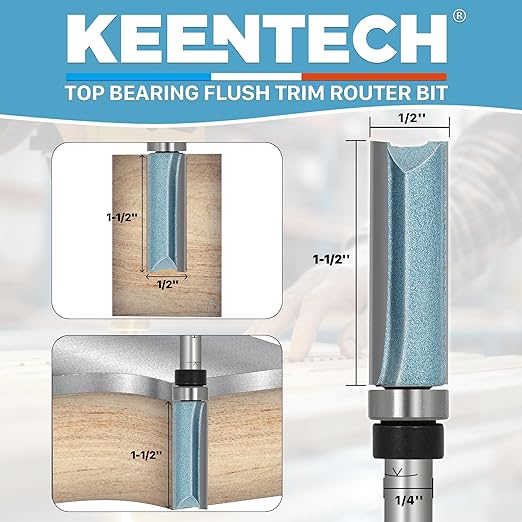 KEENTECH 6PCS Router Bits Set 1/4" Shank, Flush Trim Router Bit, Top Bearing Carbide Tipped Pattern Bit, Template Straight Heavy Duty Woodworking Trimming Cutting Tool, 1/2" Diameter 1-1/2" Depth