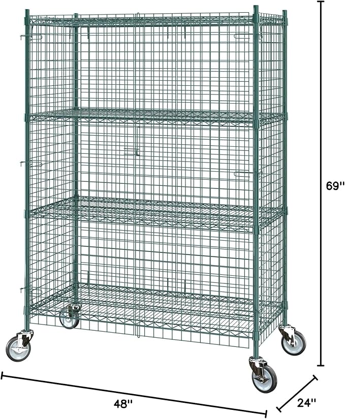 Commercial Grade NSF Listed Metal Wire Mesh Storage Green Epoxy Mobile Security Cage Kit, 24" x 48" x 70", Perfect for Warehouse, Walk-in Refrigerator, Freezer, Grocery Store, Restaurant, Dishroom