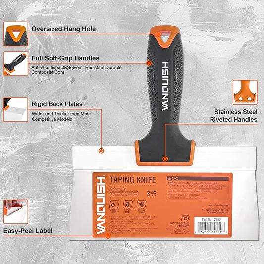 VANQUISH 8 Inch Stainless Steel Drywall Taping Knife, Soft Grip Handle, Perfect for Drywall Joint Taping, Finishing & Patching 3590