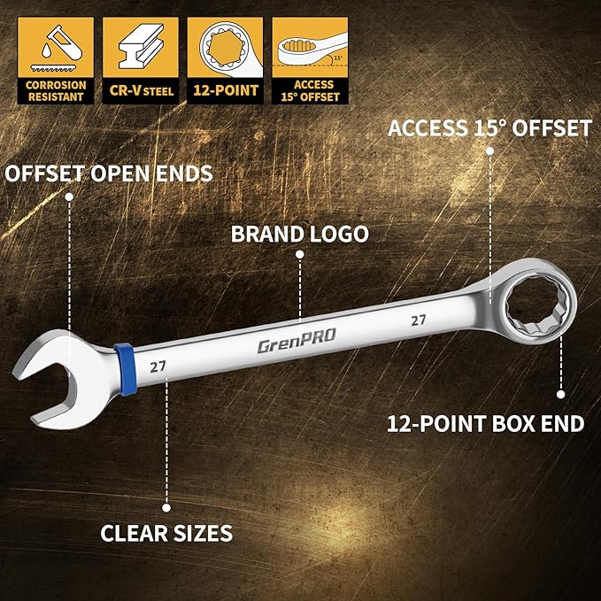 GRENPRO Metric Wrench Set, Large Wrench Set Metric and Standard, 7PC 23mm, 24mm, 26mm, 27mm, 30mm, 32mm Long Open End Wrench Tool Roll Up Pouch with Gauge, Combination Wrenches Sets with Color Ring