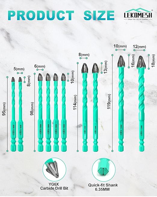 10PCS Nine Blades Serrated Carbide Masonry Drill Bit Set - 3/16"*2,1/4"*4,5/16"*2,3/8",1/2" Wood Drill Bits for Wood Plastic Masonry Brick Tile Glass Concrete Marble