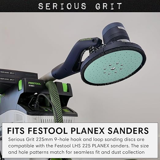 Serious Grit - 225mm 9-Hole 120 Grit Drywall Sanding Discs - Fits Festool Planex LHS 225 Sanders - Heavy-Duty Hook & Loop Film Abrasives - Dust-Free Multi-Hole Drywall Sander Sandpaper - 25 Pack