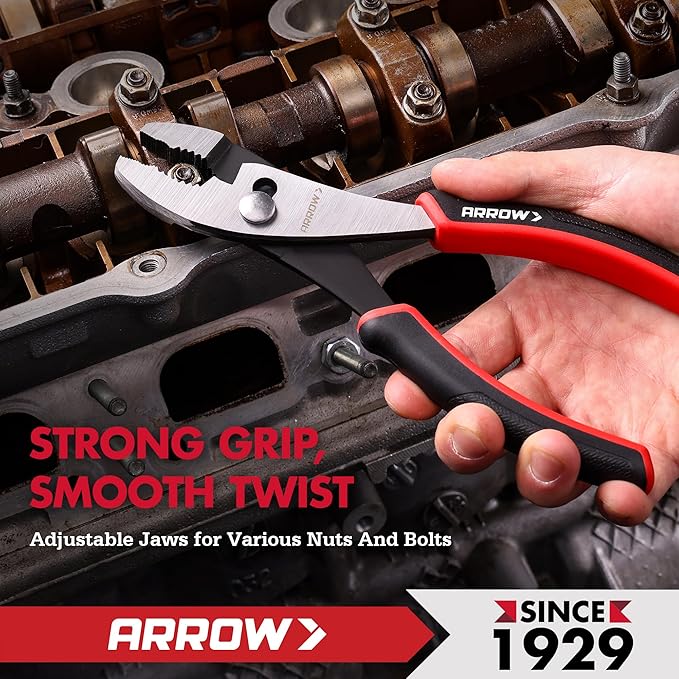 ARROW Slip Joint Pliers, 8 Inch High Carbon Steel Pliers Tool with Rust Resistant Finish, Comfortable TPR Handle, 3-Zone Jaw for Gripping, Tightening, or Loosening Nuts and Bolts