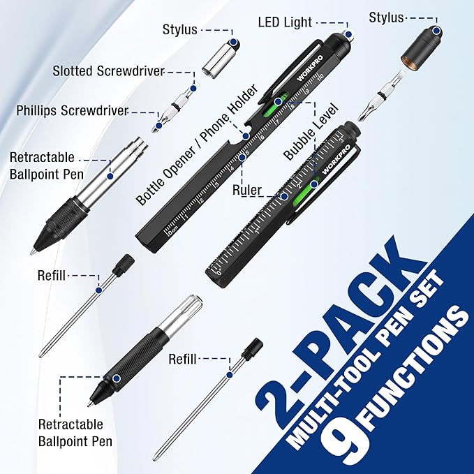 WORKPRO Father's Day Gifts for Men, 9 Functions Multi-tool Pen Set, Birthday Gifts for Who Have Everything, Cool EDC Gadgets for Men, Stocking Stuffers, for Dad Grandpa Husband Him Adults Boyfriend