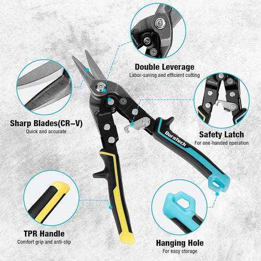 DURATECH 10 Inch Aviation Snips | Straight Cut Tin Snips for Cutting Metal Sheet | CR-V Steel Heavy Duty Tin Snips with Visible Cutting Length