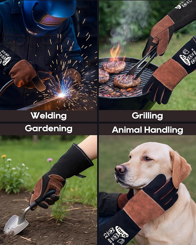 TOPDC Welding Gloves 16Inch 1000?덳eat/Fire Resistant Reinforced Leather Fireproof Gloves with Kevlar Stitching for Mig, Tig, Stick, Forge, BBQ, Grill, Oven, Fireplace, Furnace, Animal Handling, LARGE