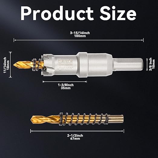 Hole Saw 11/16" (18mm) Heavy Duty Carbide with 2 Pilot Drill Bits - Metal Hole Cutter Cuts Stainless Steel, Iron, Copper, Brass, Plastic