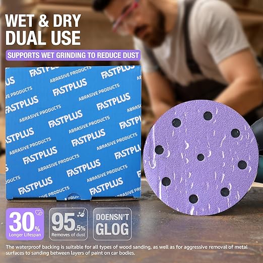 5 Inch 9 Hole Sanding Discs Purple Sanding Disc 80/120/150/180/220 Grit Ceramic Sanding Discs, Heavy-Duty Hook and Loop Film Discs Sandpaper for Random Orbital Sanders, 50 Pack
