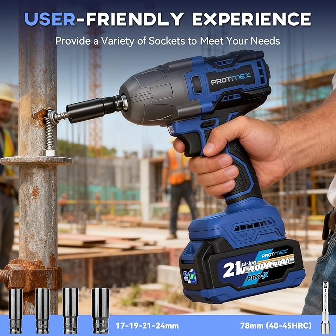 Protmex 900Ft-lbs (1200N.m) Impact Wrench, 1/2" Cordless Impact Gun, 21V High Torque Brushless Impact Driver, 2x4.0Ah Batteries Electric Impact Motor Variable Speeds for Car/Pickup Truck/Mower, Blue