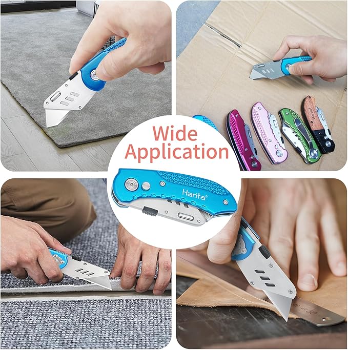 Harita Folding Utility Knife Box Cutter Quick Change Blades, Back-lock Mechanism, Portable Belt Clip, with 5-piece Extra Blades, Blue