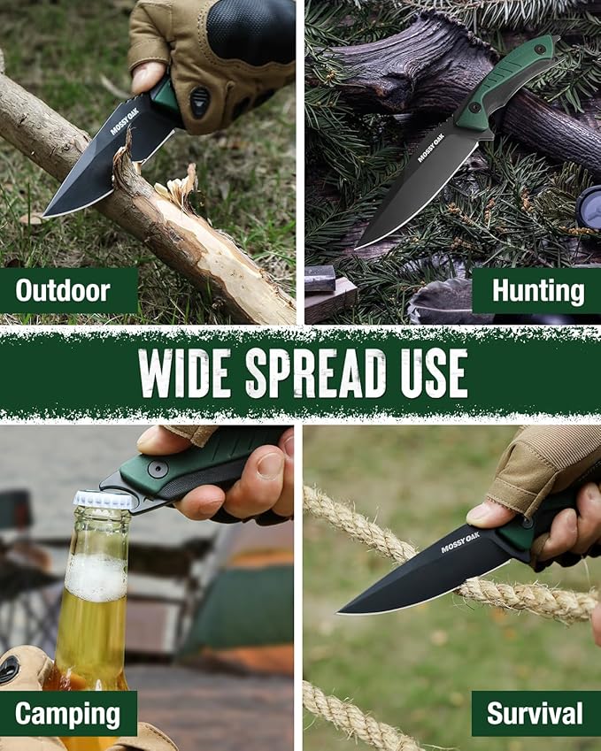 Mossy Oak 9.5" Fixed Blade Hunting Knife with Sheath, 14C28N Full Tang, G10 Handle Outdoor Knife for Survival, Camping, Hiking(Green)