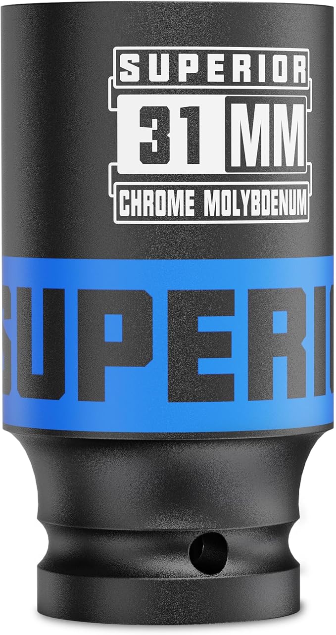 1/2" Drive Impact Socket, 31 mm Deep Socket, Metric, 6 Point, CR-MO, for Automotive Maintaince Truck Tires Jumbo Fasteners