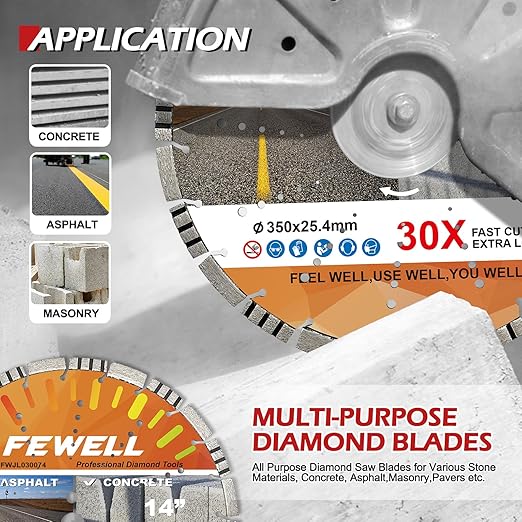 FEWELL 14" Asphalt Diamond Saw Blade/Concrete Diamond Blade,Multi-Purpose Diamond Blade for Hard Reinforced Concrete Asphalt Masonry Stone Terrazzo, Laser-Welded Segmented, 1"-20mm Arbor