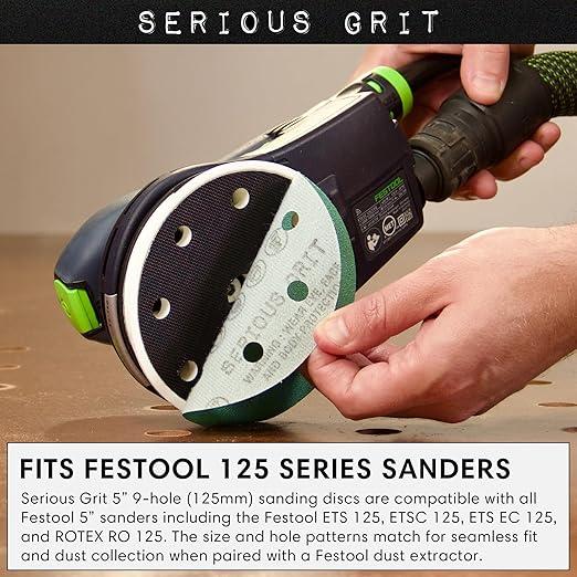 Serious Grit - 5-Inch 9-Hole 120 Grit Sanding Discs - Heavy-Duty Hook & Loop Film Discs - Sandpaper for Random Orbital Sanders - 50 Pack Box