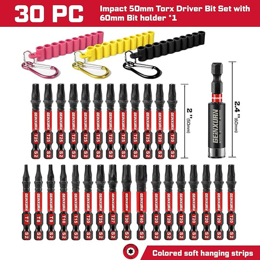 Impact Torx Screwdriver Bits Set, 30 Pieces 2?쒶agnetic S2 Steel Multi Star Driver Bits(T7-T40) and 1 Pc Bit Holder with Soft Hanging Strips
