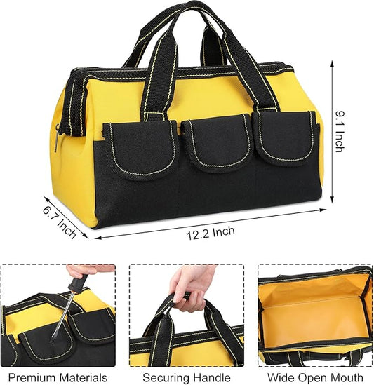 Sanwuta 3 Pack Tool Bag for Men with Waterproof Hard Bottom, Heavy Duty Tool Bag Wide Mouth Tote for Various Instrument, Electrician Carpenter Mechanic(Yellow,13 Inch,Classic)